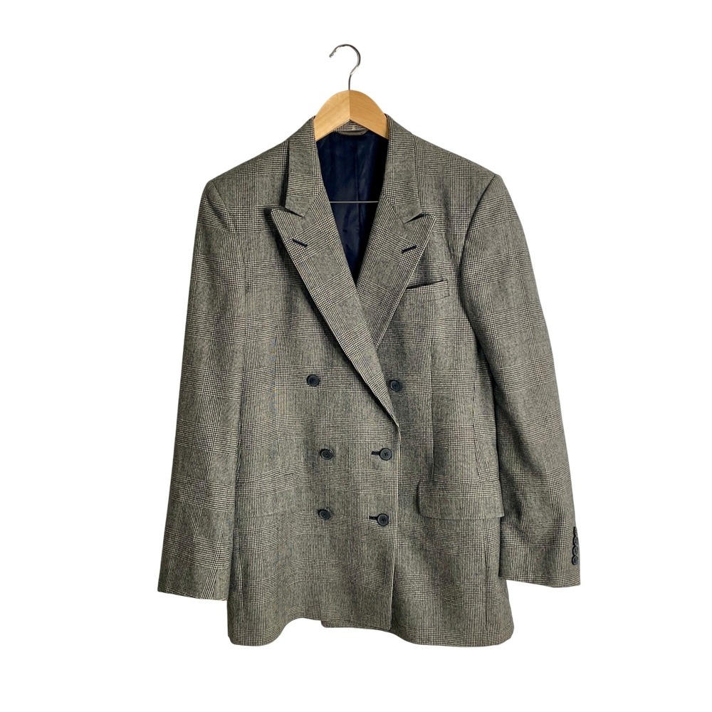 Vintage Christian Dior Wool Blazer Glen Plaid Double Breasted Suit Jacket Dark